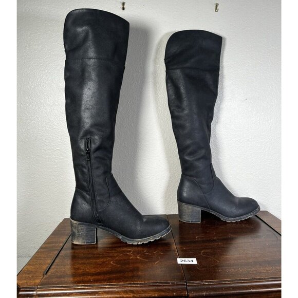 So Sled Women's Boots Over The Knee Sz 9 Black Tall Riding Vegan Lug Sole - Picture 2 of 11